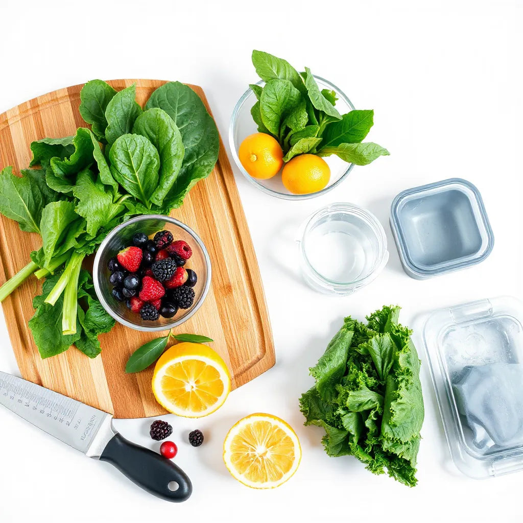 Fresh produce and clean prep setup on a wooden cutting board in a bright kitchen